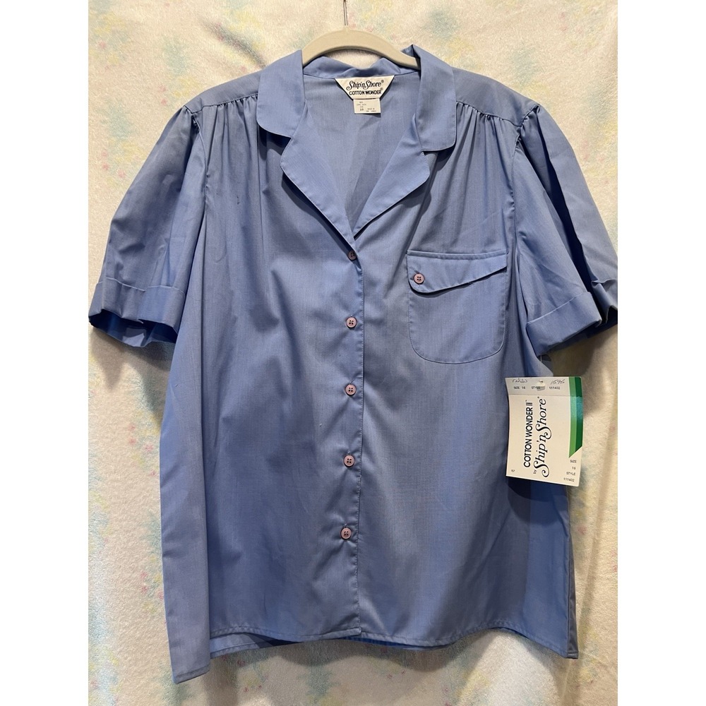 Ship'n Shore Shirt Blouse Womens Size 10 Blue Button Up Pocket Long Sleeve